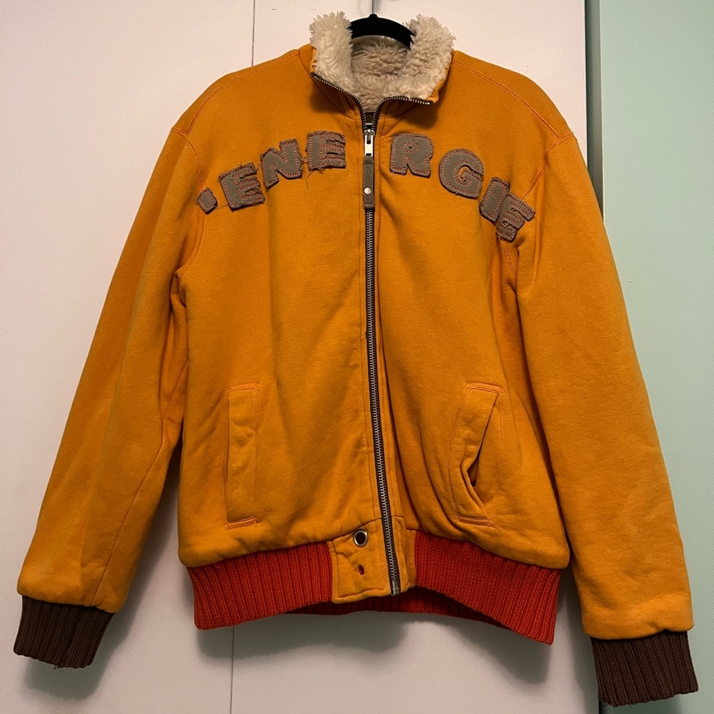 Designer ENERGIE Men's Diesel Big Stitched Logo Shearling Bomber Jacket XL RETRO